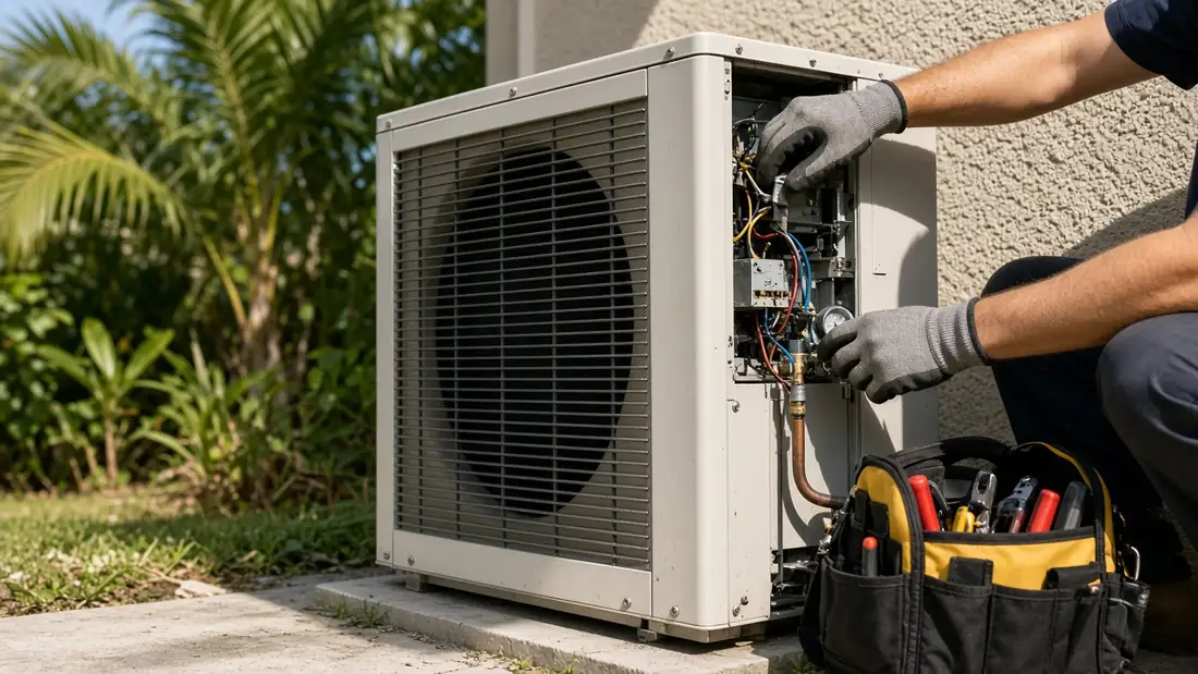 A technician servicing an outdoor AC unit beside a stucco wall